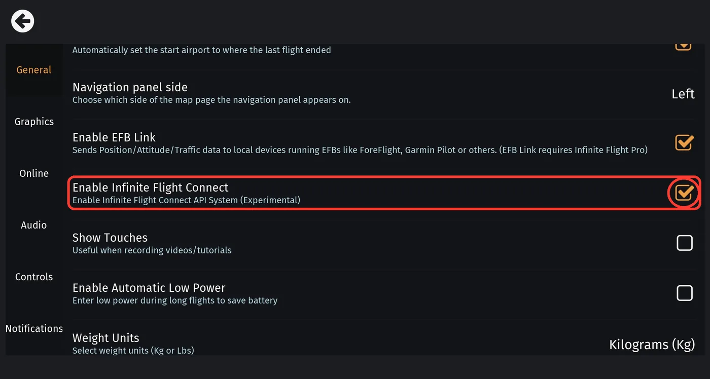 4. Tick Enable Infinite Flight Connect