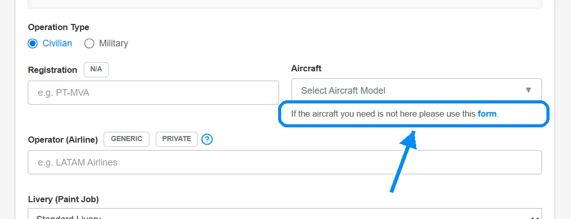 On the Upload page, under the Aircraft list: the link to the request form