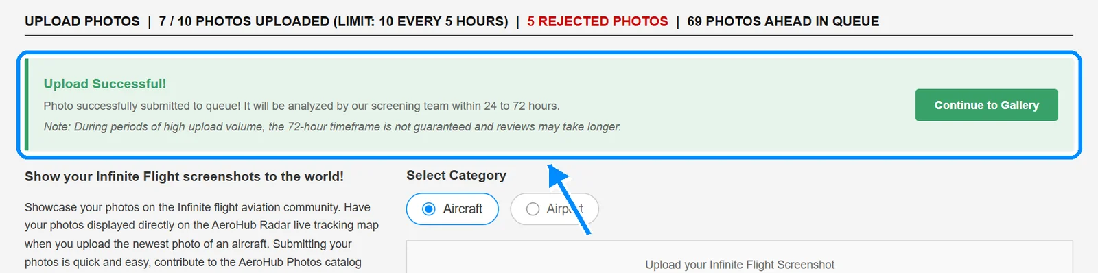 After you send a photo: the green Upload Successful! message