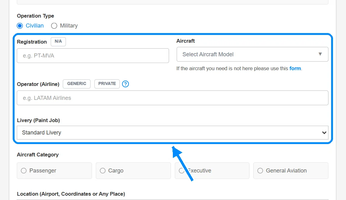 6. Fill in the registration, aircraft, airline and livery