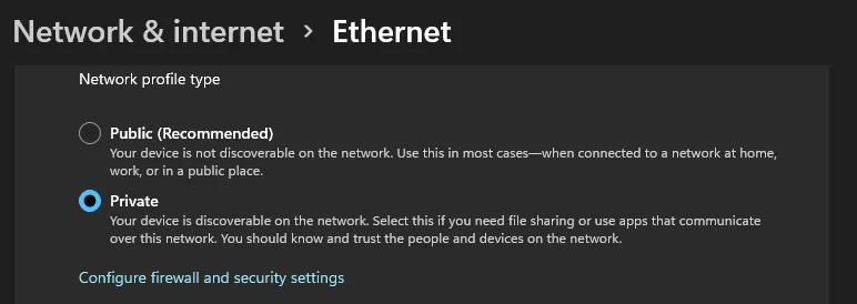 Network profile type set to Private in Windows Settings